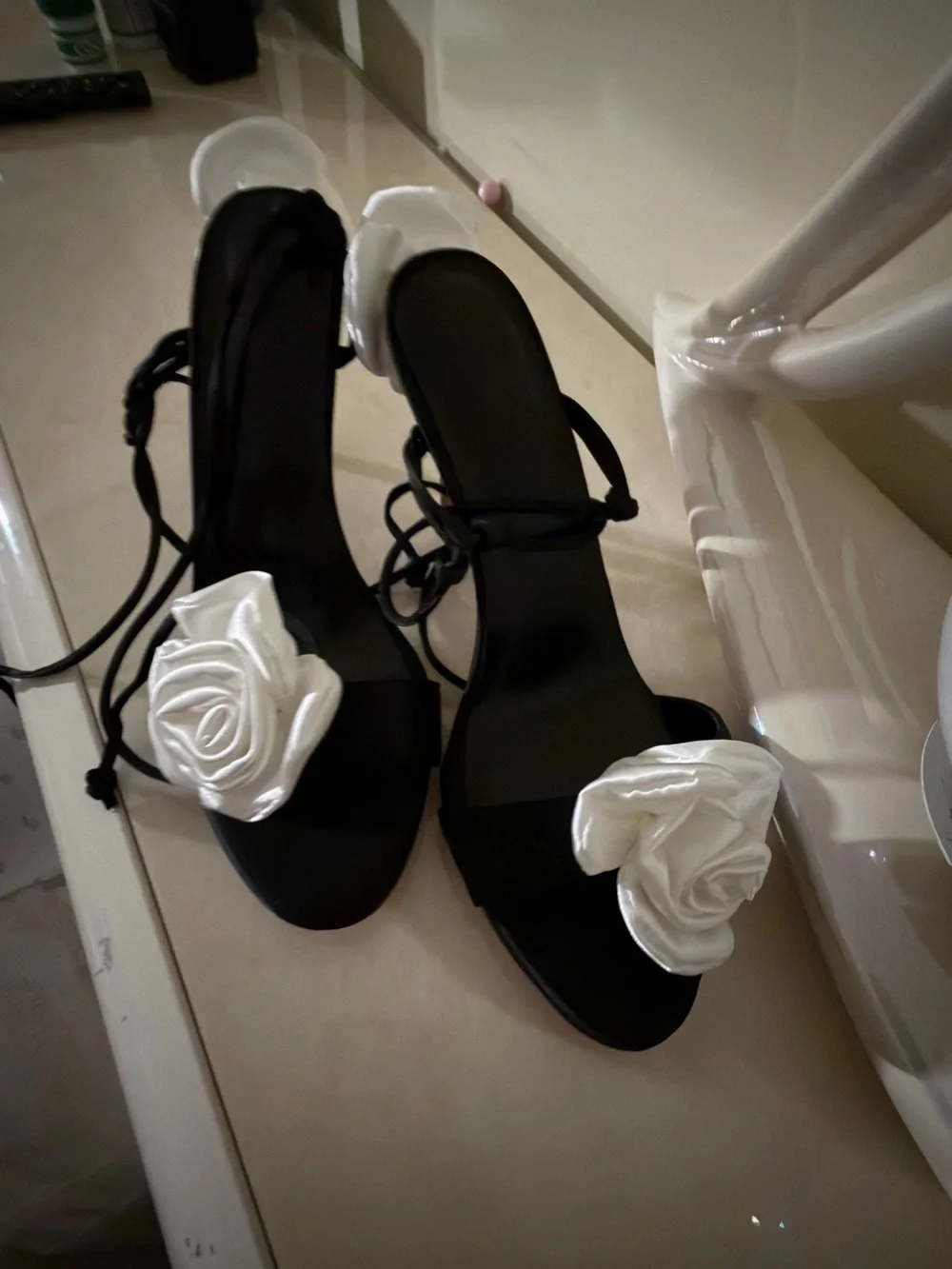 Black Evening Sandals with White Rose Accent